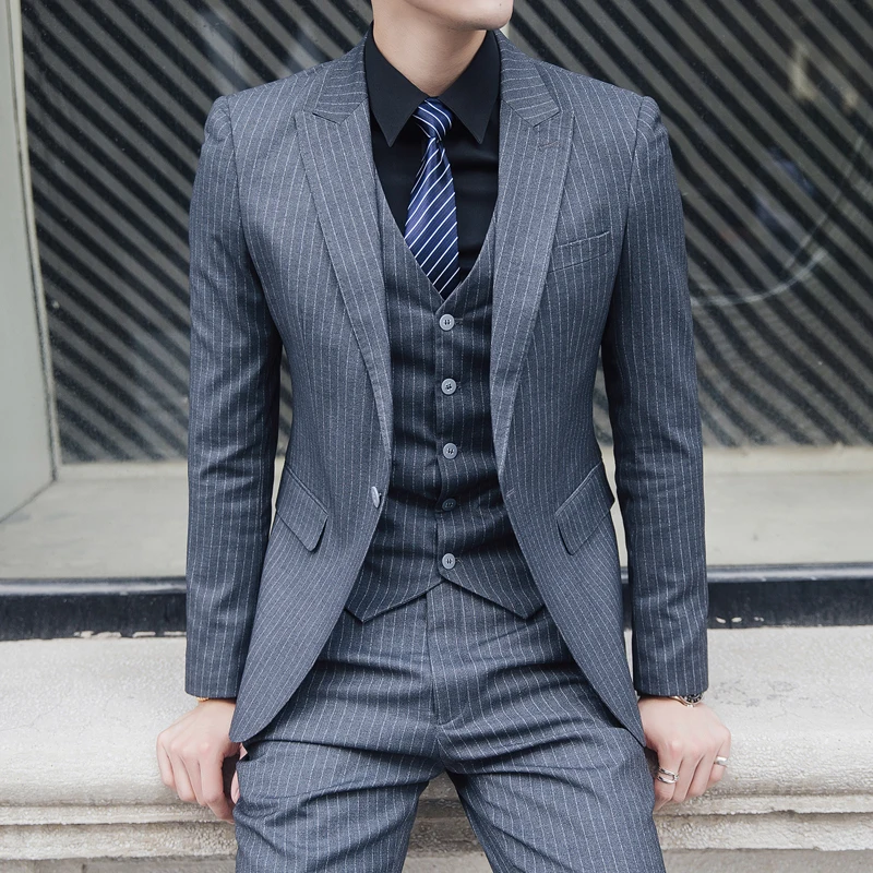 (Пиджак + жилет брюки) новинка 2019 мужской модный приталенный костюм в полоску