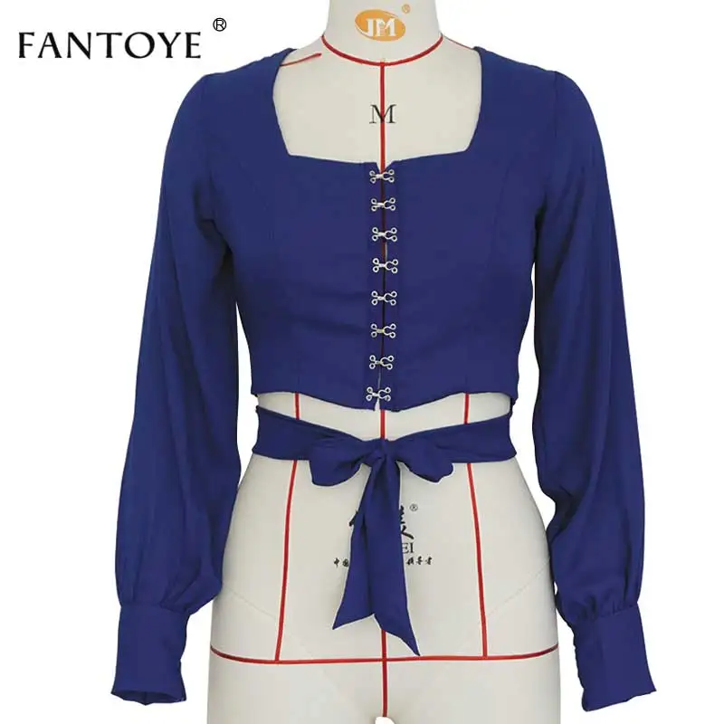 Blue Fantoye, сексуальный шифоновый женский топ с открытой спиной и блузка, рубашки, повседневный квадратный воротник, рукав-фонарик, открытая спина, бандажный белый укороченный топ - Цвет: Blue