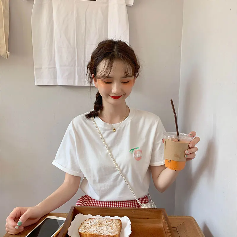 Ulzzang kawaii Топы 2019 лето в Корейском стиле женская футболка мода сладкий печати