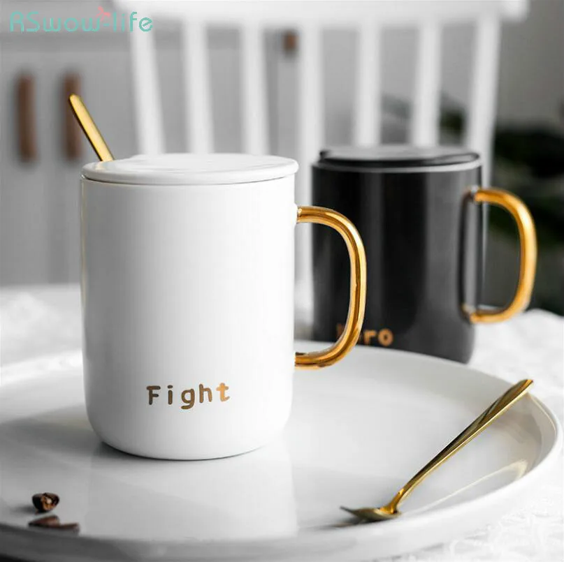 

Ceramic Simple Coffee Cup With Lid Spoon 400ML Capacity Breakfast Milk Cup Cute Cup Mugs For Kitchen Bar Drinkware