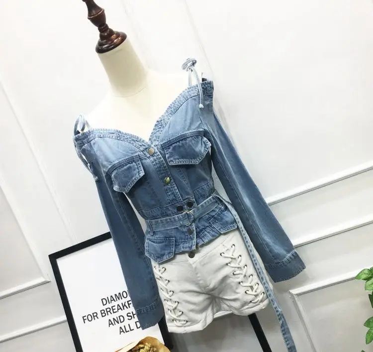 Женское джинсовое платье с поясом длинным рукавом и открытыми плечами|vestido off|dress