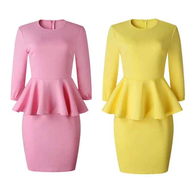 

Elegant Ruffle Dress Women O Neck Pencil Knee Length Midi Dresses Pink Yellow Cotton OL Office Ladies Slim Bodycon Work Wear