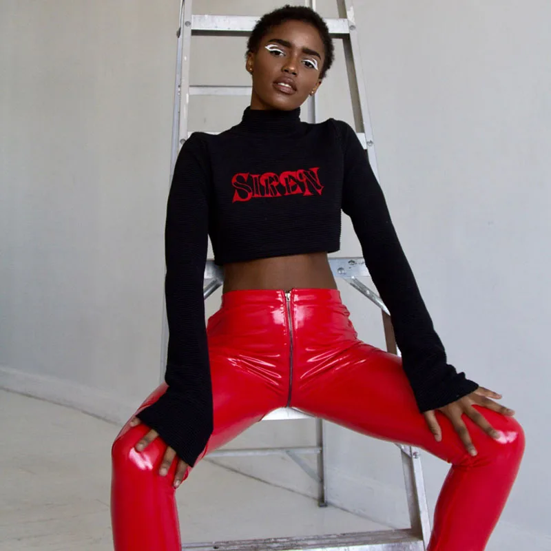 NORMOV Women Sexy Shiny PU leather Leggings with Back Zipper Push Up Faux Leather Pants Latex Rubber Pants Jeggings Black Red