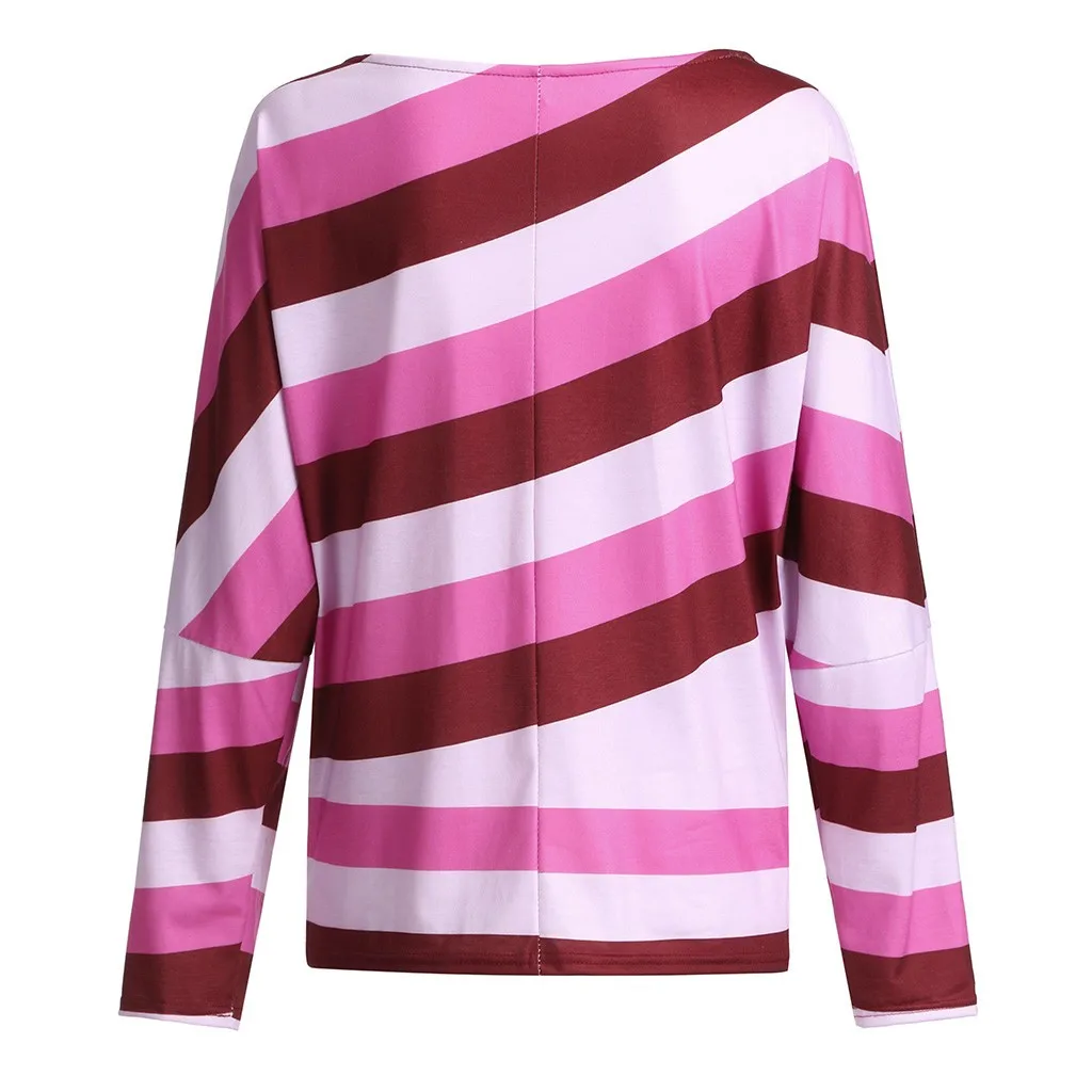 Свободный страусиный Модный женский персональный дизайн Цифровая Печать Полосатый косые плечи повседневное плечо длинный рукав повседневный Дикий Топ