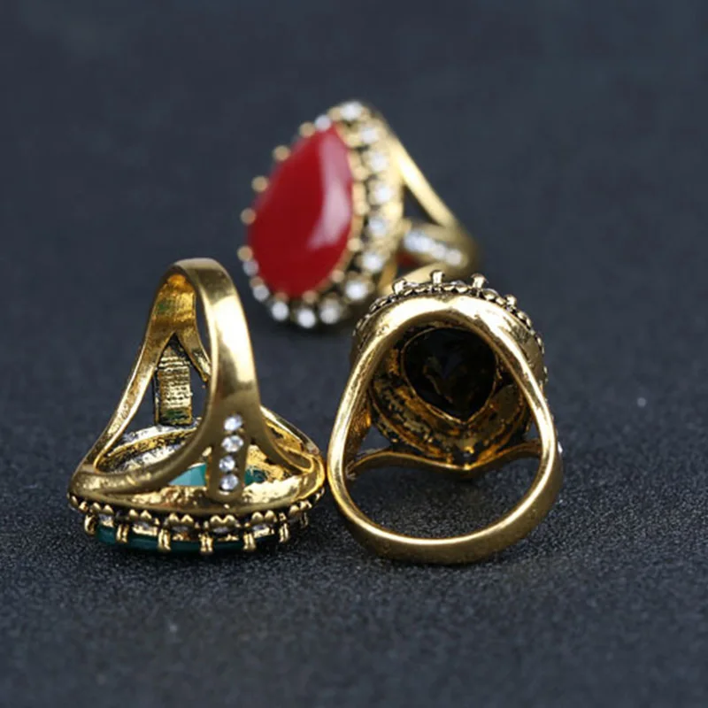 Золотое Кольцо Турецкая Мода Винтаж Австрия Кристалл Смола Water Drop Gem Женщины