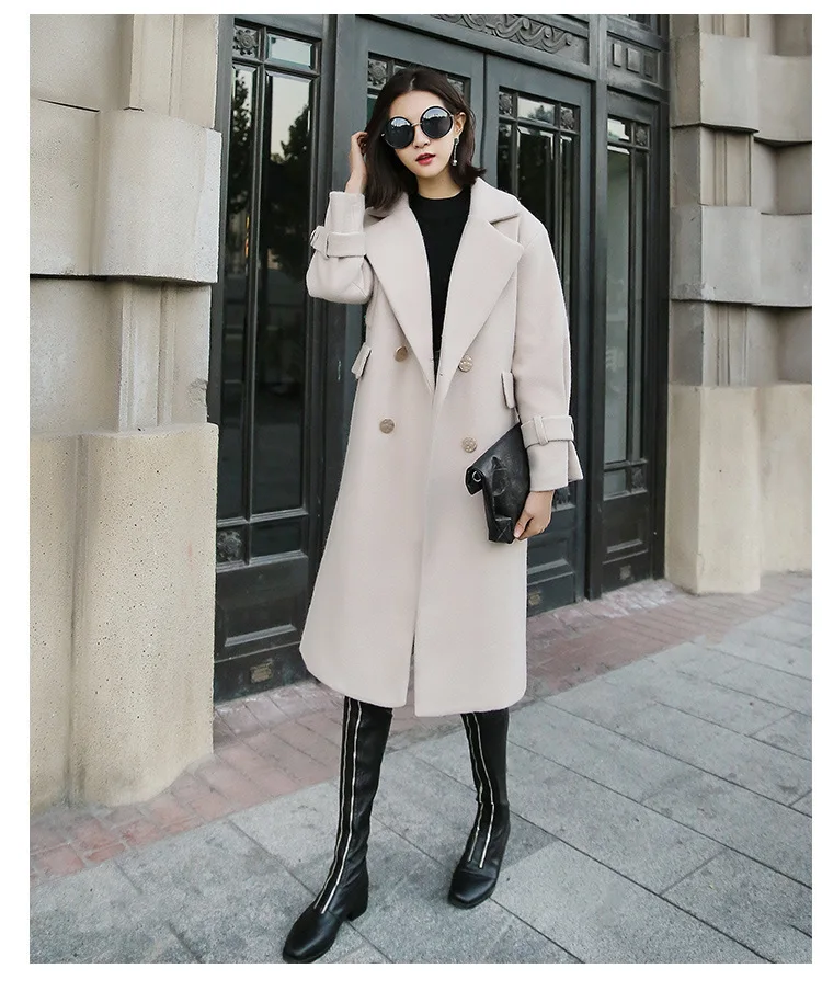 Office Lady Slim Women Long Wool Blend Coat Double Breasted Cashmere Jacket Turn-down Collar Ladies Coats | Женская одежда