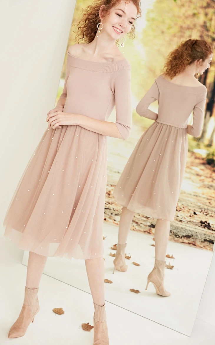 Vero Moda Новое Женское трикотажное платье с 3/4 рукавами и открытыми плечами | 318346521