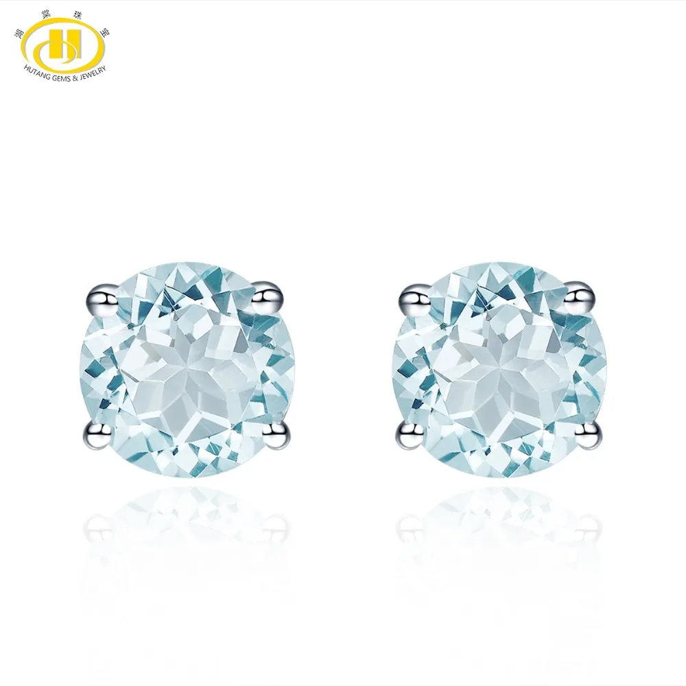 HUTANG камень ювелирные изделия 1.4ct натуральный Аквамарин Круглые 6 мм серьги-гвоздики Твердые 925 пробы серебряные драгоценные камни ювелирные украшения для женщин подарок