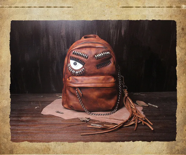 new Women backpack Retro eyes decoration bag tassel female handmade cowhide leather Messenger shoulder bags