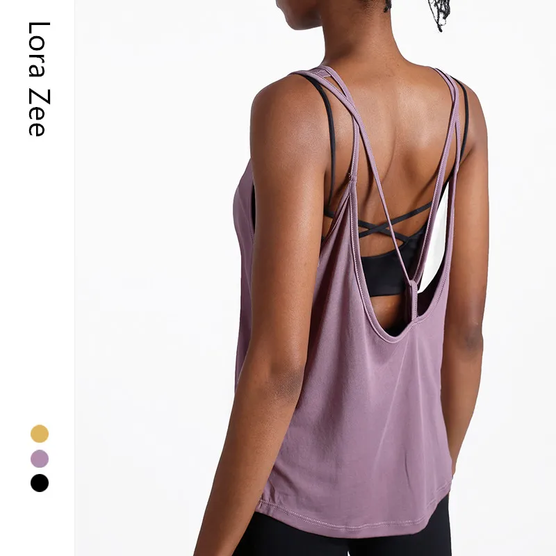 Женская спортивная майка без рукавов с бретельками открытой спиной для занятий