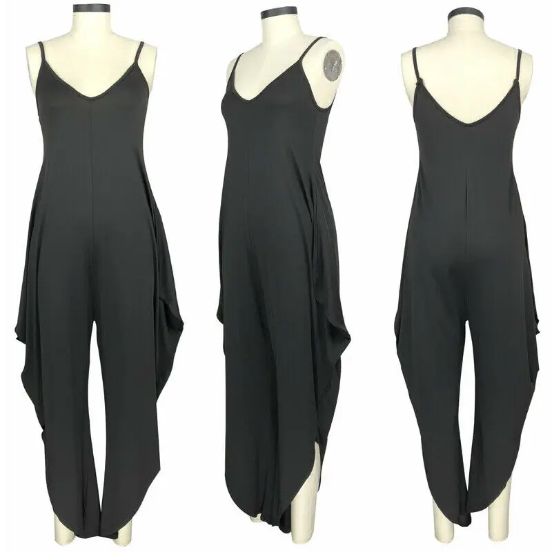 Женский свободный комбинезон без рукавов пляжный чистого цвета с глубоким