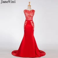 janevini vestidos dubai red sleeveless mermaid mother of the bride dresses lace appliques satin sweep train formal evening gowns
