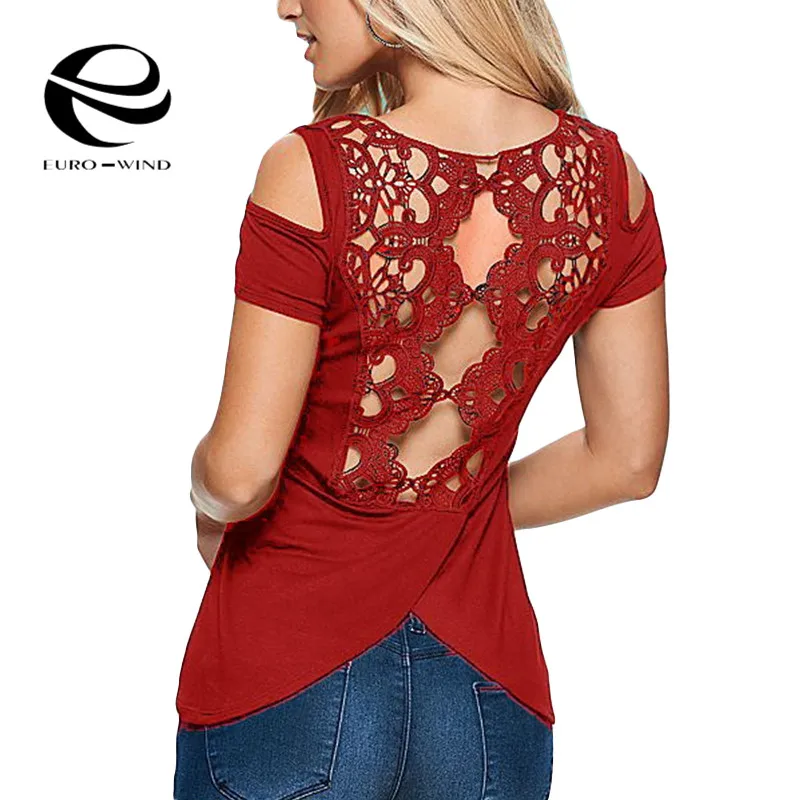 Красный Летняя женская футболка размера плюс 5XL, женская футболка с коротким рукавом и круглым вырезом, однотонная кружевная открытая футболка с открытой спиной, сексуальные женские футболки, топы - Цвет: Красный