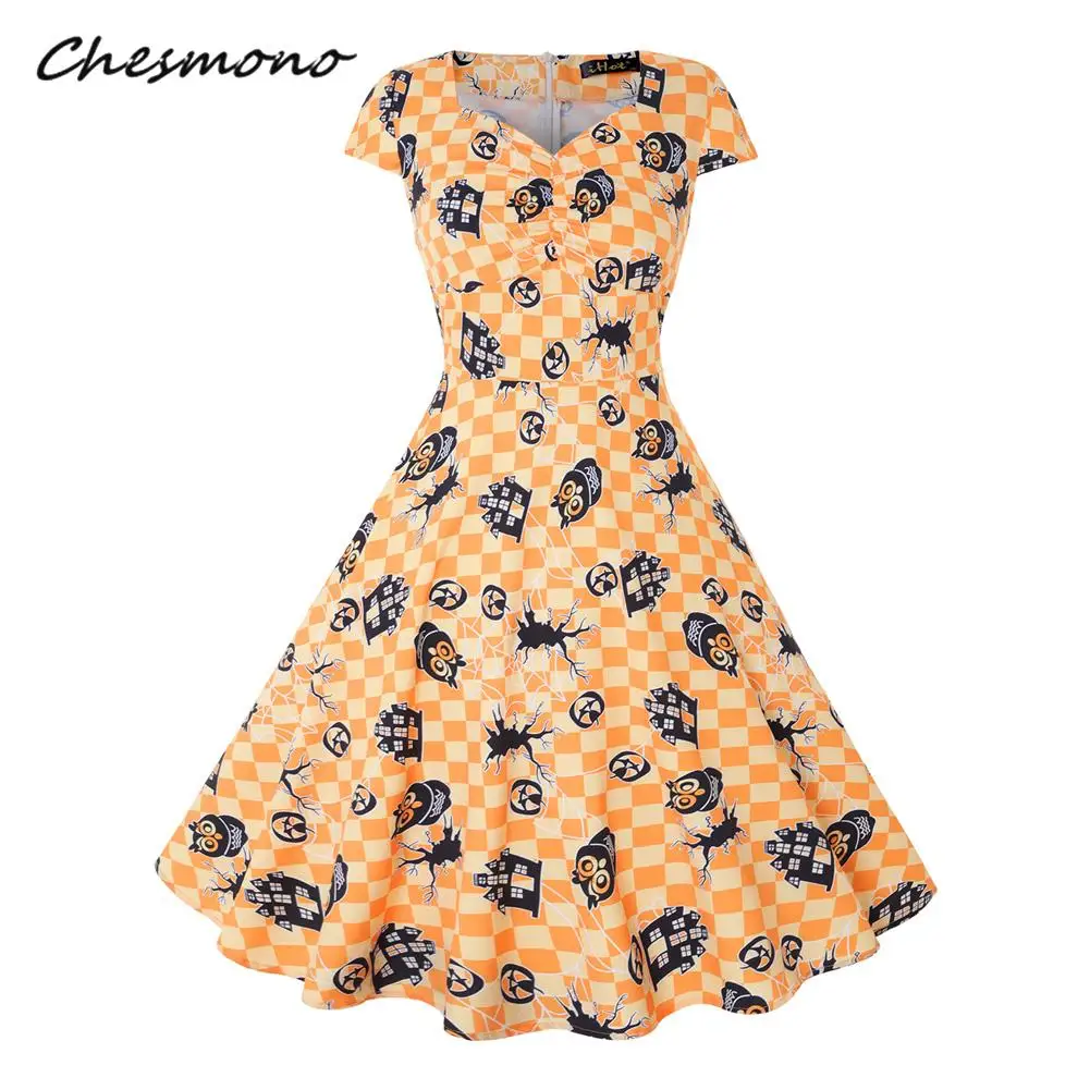 Женское платье средней длины на Хэллоуин принт с квадратным воротником