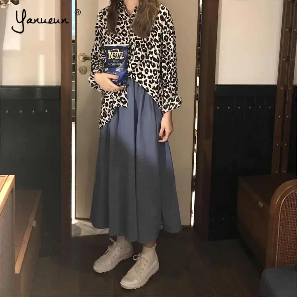 Женские леопардовые блузки Yanueun комплекты с длинной юбкой и отложным воротником