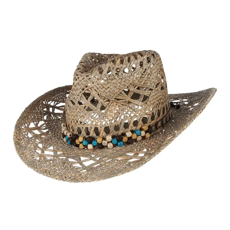 GEMVIE новая соломенная западная ковбойская шляпа для женщин Cowgirl летние шляпы для солнцезащитная Кепка для девушек с кожаный с бисером ремень пляжная кепка Панама