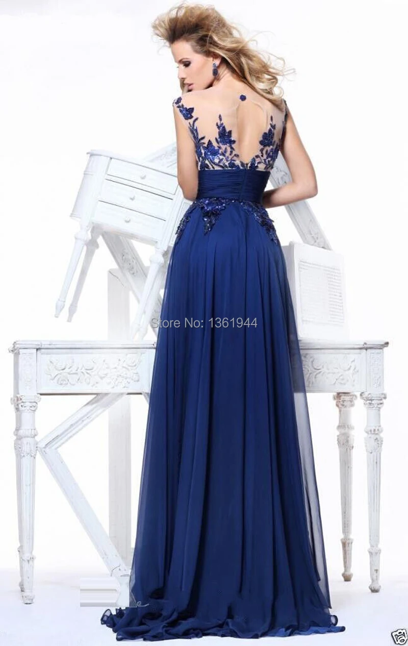 Navy Blue Best-selling 2014 O-Neck Sheer Long Homecoming Dresses Appliqued Sleeveless Prom Gown Party Custom Made | Свадьбы и