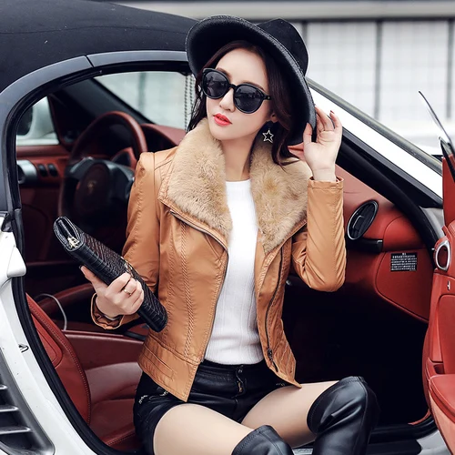 Khaki coat Кожаное пальто, куртка, женская зимняя одежда, искусственная кожа, с меховым воротником, на молнии, тонкая короткая куртка, пальто, верхняя одежда, C91301 - Цвет: Khaki coat