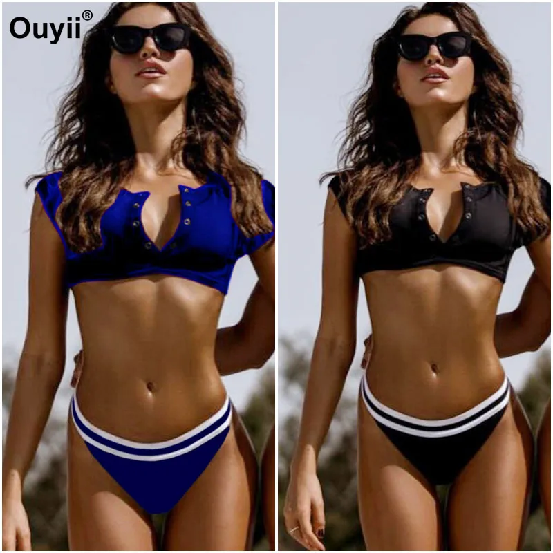 Бикини с коротким рукавом темно синий раздельный купальник пряжкой сплошной