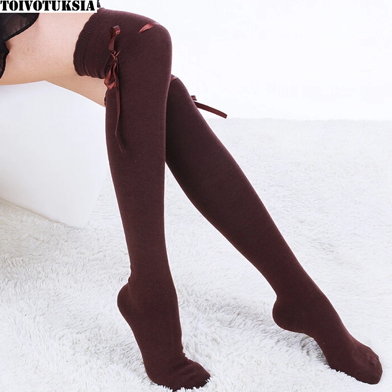 

TOIVOTUKSIA Knee Socks Sexy Thigh High Socks with Ribbon Bow Tie Female Long Socks for Women Full Cotton Knee High Socks