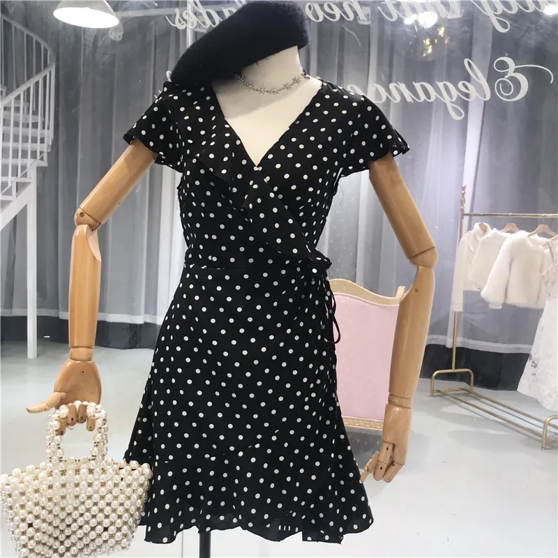 Флисовое женское платье в горошек с запахом 2019 летнее имбирное красное черное