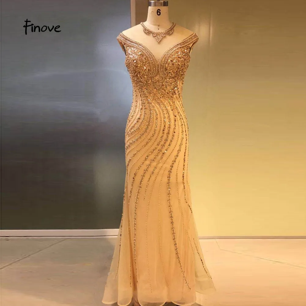 Finove New Robe de soiree Evening Dress Long 2020 Champagne Chic Fully Beaded Crystal Elegant Mermaid Woman Party Dresses Gowns | Свадьбы и