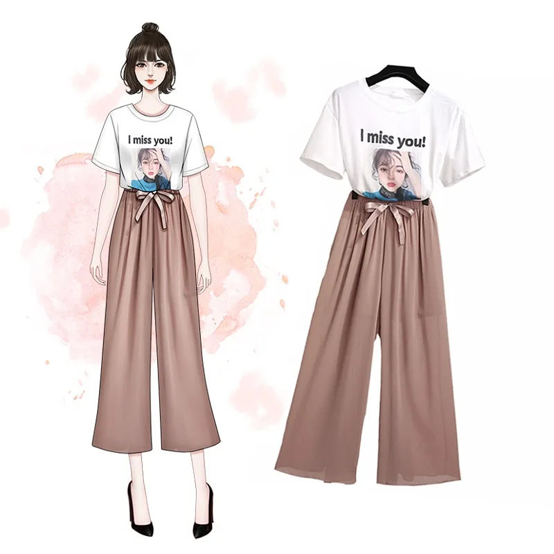 

ICHOIX Women 2 pieces sets white letter t-shirt tops pants sets L-3XL Plus size clothing two pieces summer outfits Korean style