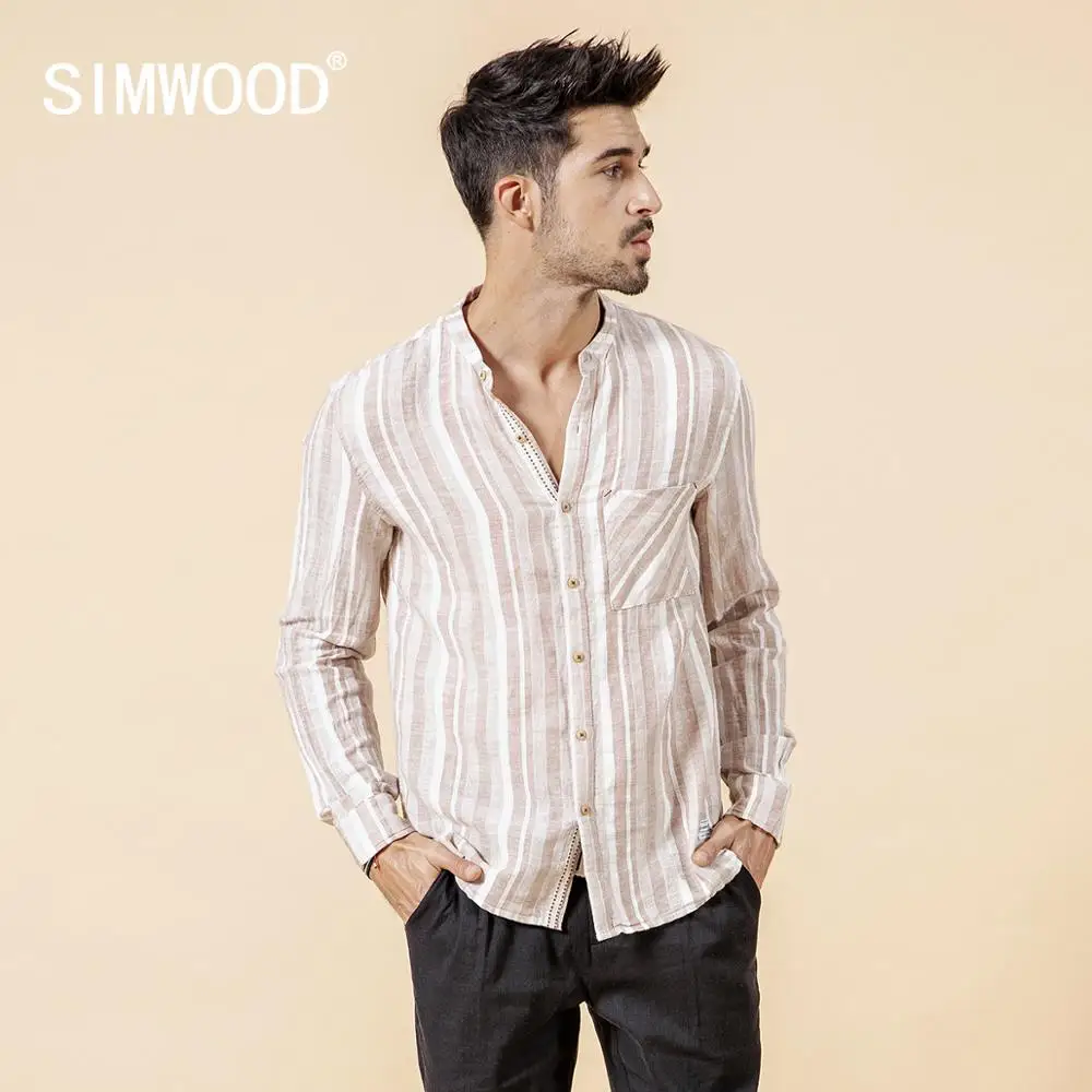 SIMWOOD 2019 льняные хлопковые рубашки для мужчин осень лето новинка воротник-стойка