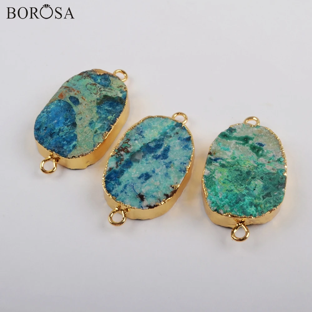 

BOROSA 5/10PCS Silver Color Natural Chrysocolla Stones Connectors Big Stones Gold Double Charms for Handmade Bracelets G1810