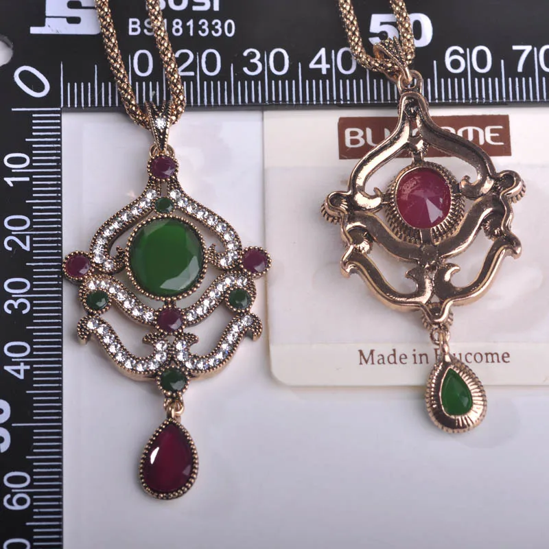 

Blucome Vintage Turkish Long Pendant Necklace Earrings Jewelry Set Resin Alloy for Lady Women's Banquet Wedding Accessories Gift