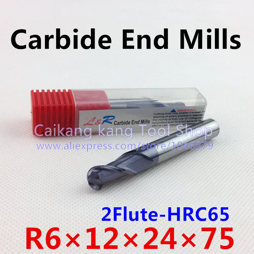 New 2 Flute Head: 12mm Tungsten steel cutter Carbide Ball End Mills CNC milling Highest cutting hardness: 65HRC R6*12*24*75mm