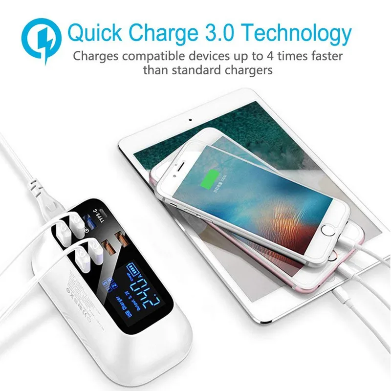 8 портов 40W USB зарядное устройство с ЖК-дисплеем QC3.0 + Type-C USB-C 5V 3A 9V 2A 12V 1.5A зарядная