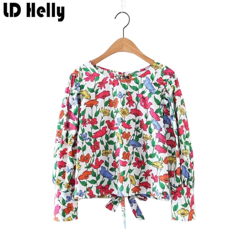 Женщины Цветочный Принт Короткий Блузки О-Образным Вырезом Puff Рукавом Горб из