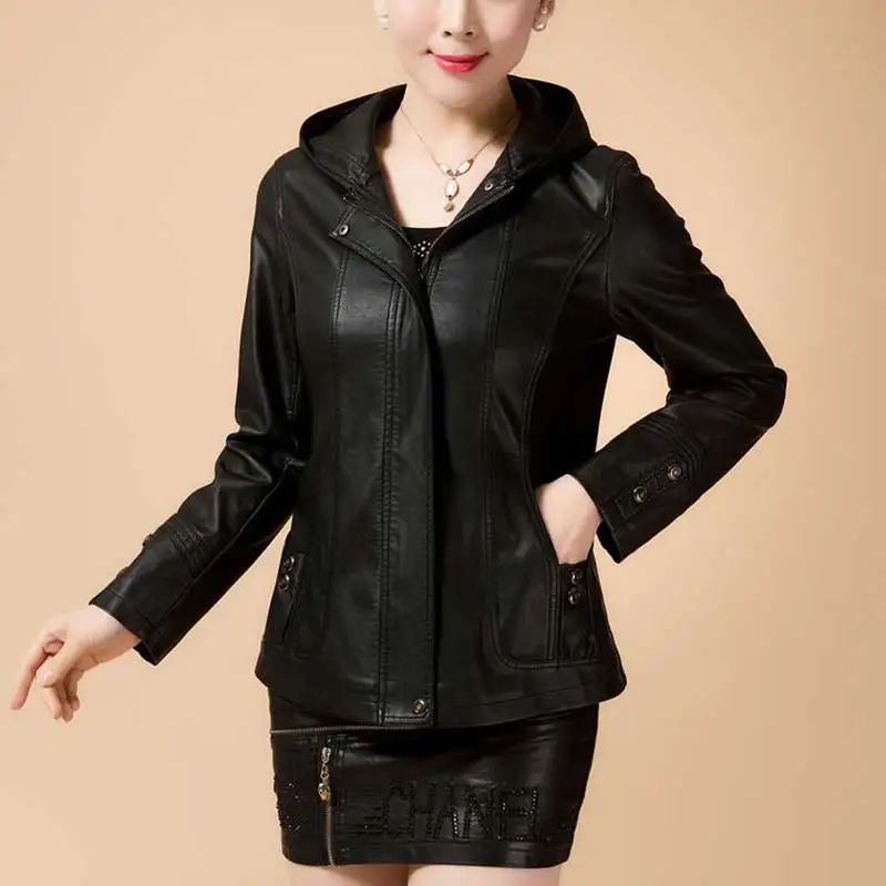 Spring Plus size Bomber Leather Jacket Women Motorcycle short jacket Hooded  zipper Faux PU leather Jjackets women coat WZ789