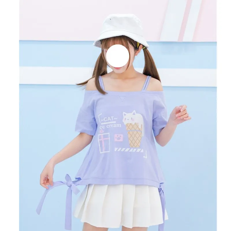 2019 японский Mori Girl Винтажный стиль фиолетовая футболка для женщин Kawaii Cat женский с