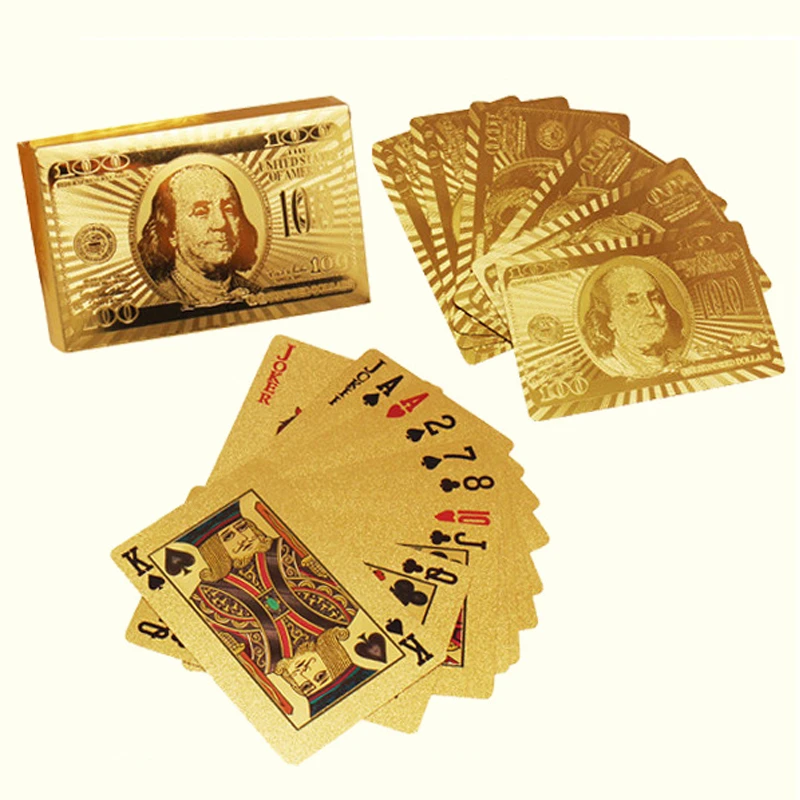 

Golden Playing Card Deck Magic Trick 24K Gold Poker Plastic Playing Card Set Gold Foil $100 Franklin Logo Waterproof Cards