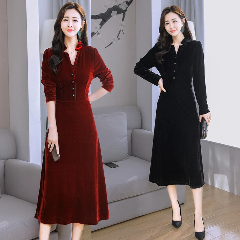 

Женское велюровое платье, длинное бархатное платье до середины икры с длинным рукавом и v-образным вырезом, большие размеры, весна-осень-зим...