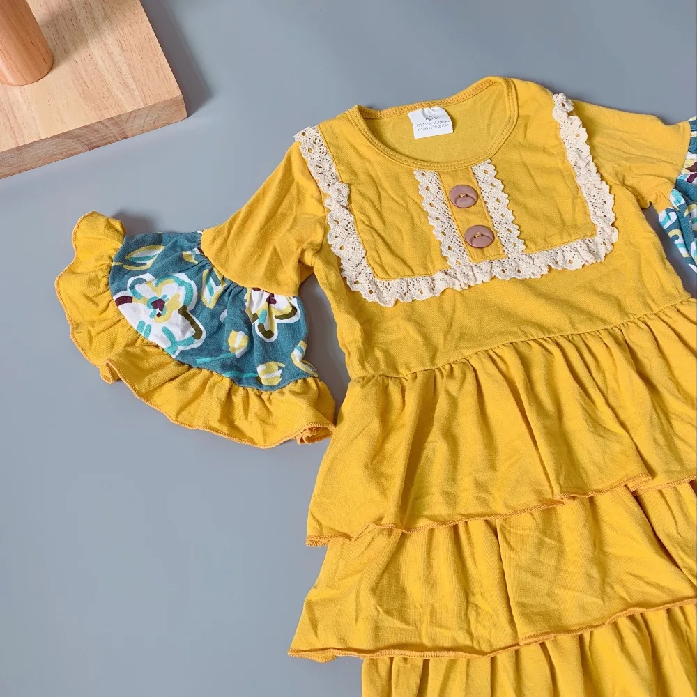2018 New Mustard yellow dress Girl's Pockets regular clothing A popular dresses for kids cotton ruffled baby girl frocks | Детская