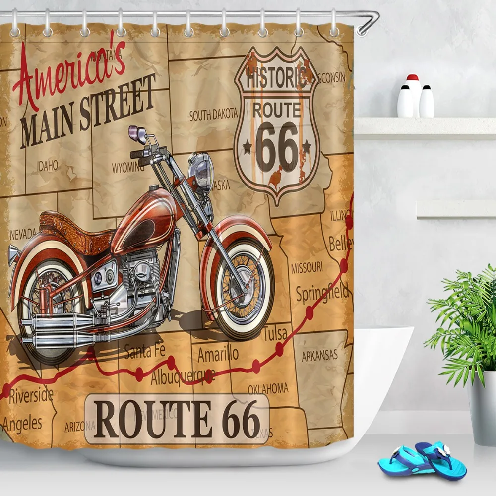 Винтажная занавеска для душа Route 66 с изображением американской главной улицы