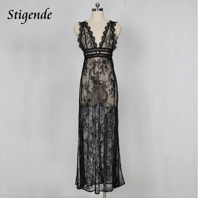 Женское кружевное платье Stigende длинное прозрачное Сетчатое с высоким разрезом