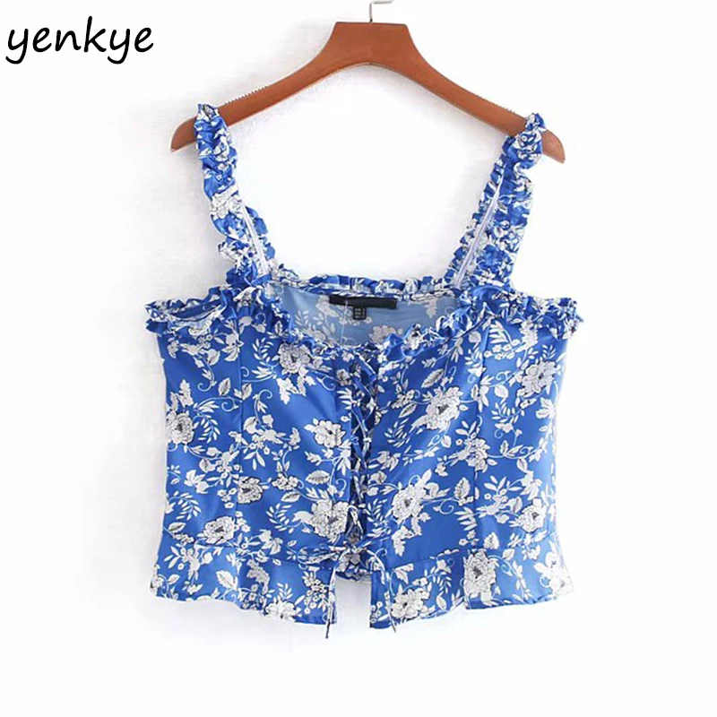 Modis 2019 женский синий цветочный принт укороченный Топ Леди спереди регулируемый