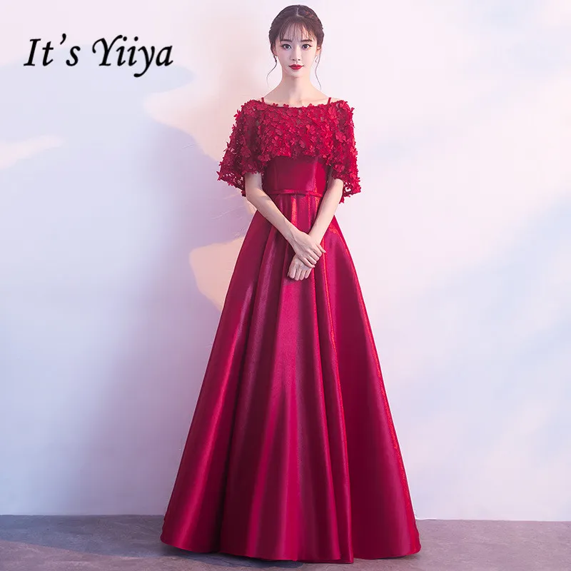 

It's YiiYa Evening Dress Wine Red Fake Shawl Fashion Party Dresses Boat Neck Short Sleeve Formal Gown For Women E051