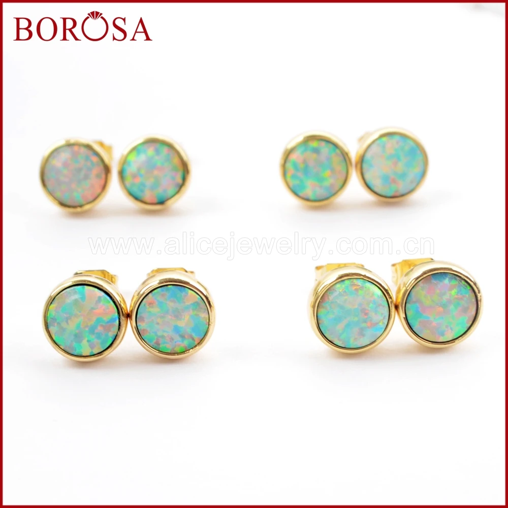 BOROSA Fashion 5pairs Gold Bezel Round White Japanese Opal Stud Earrings Drusy Manmade Jewelry for Women ZG0257 | Украшения и