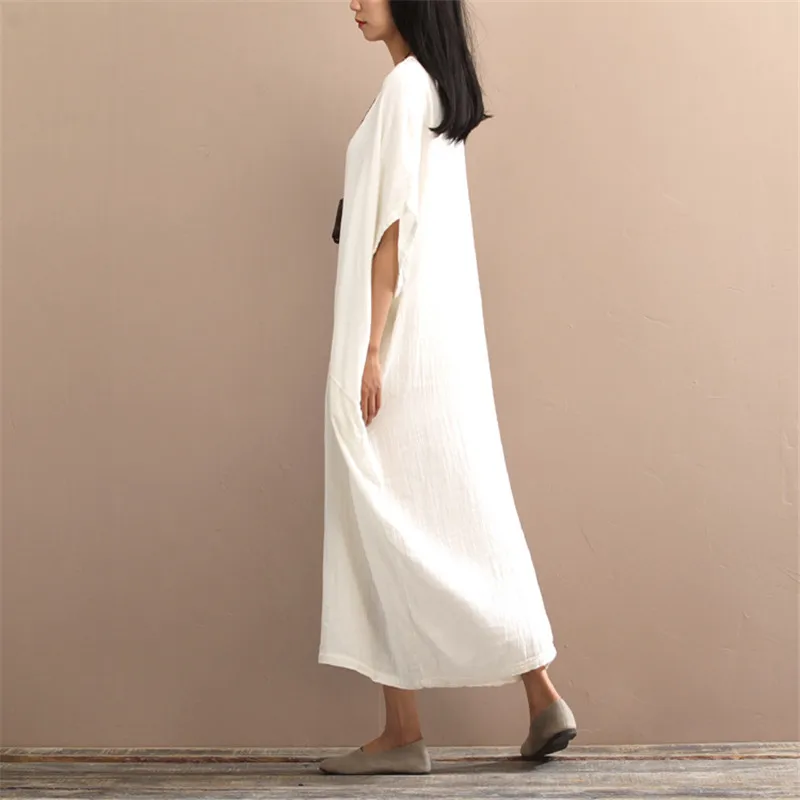 SCUWLINEN 2020 Spring Summer Dress Vintage Long Plus Size Batwing Sleeve Cotton Female Solid Casual Loose Robe W07 | Женская одежда