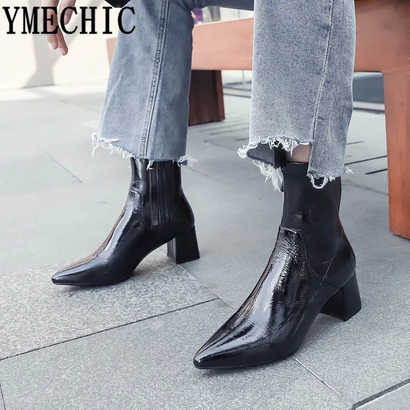 YMECHIC/2018 г. Зимние Модные ботильоны из лакированной кожи с острым носком на высоком
