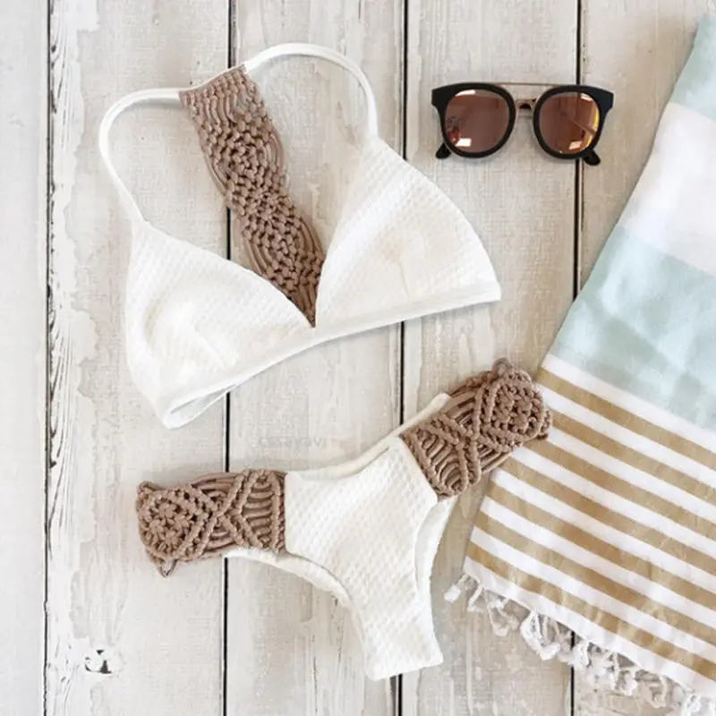 Сексуальный женский вязаный комплект бикини с низкой талией бюстгальтер пуш ап