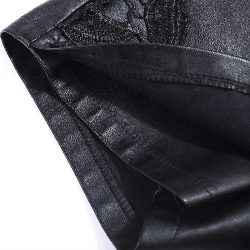 

Hot A-Line Skirts Autumn Winter High Waist PU Womens Skirts Flower Embroidery Faux Leather Black Sexy Office Lady Mini Skirts