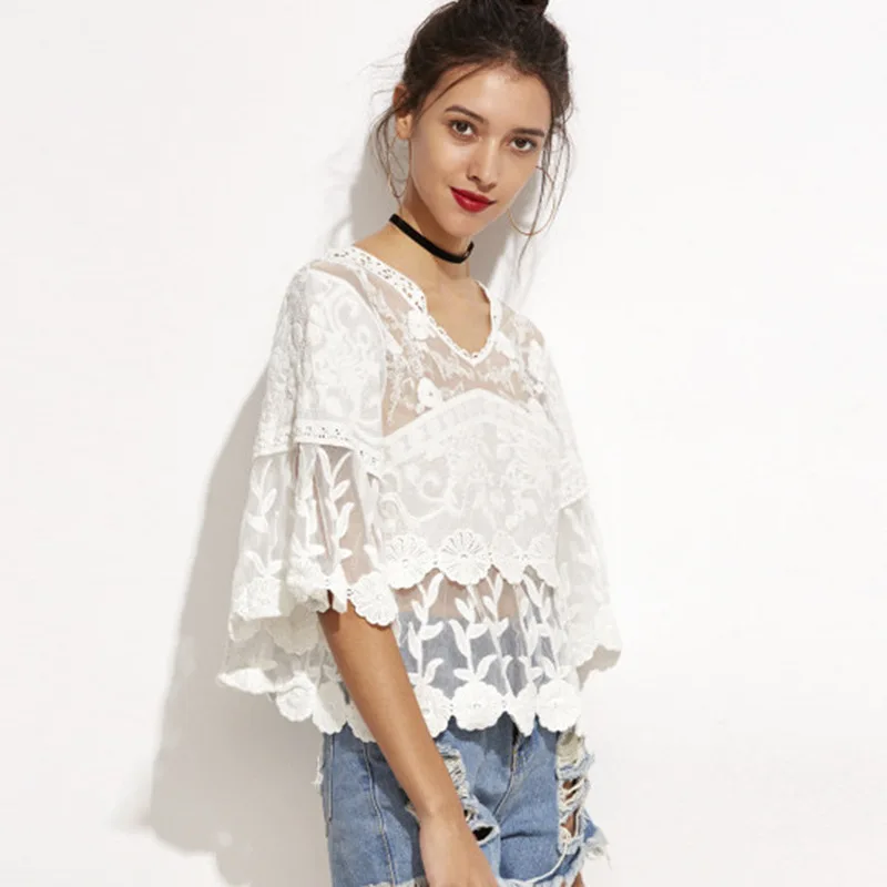 Блузка женская белая кружевная с коротким рукавом | Женская одежда