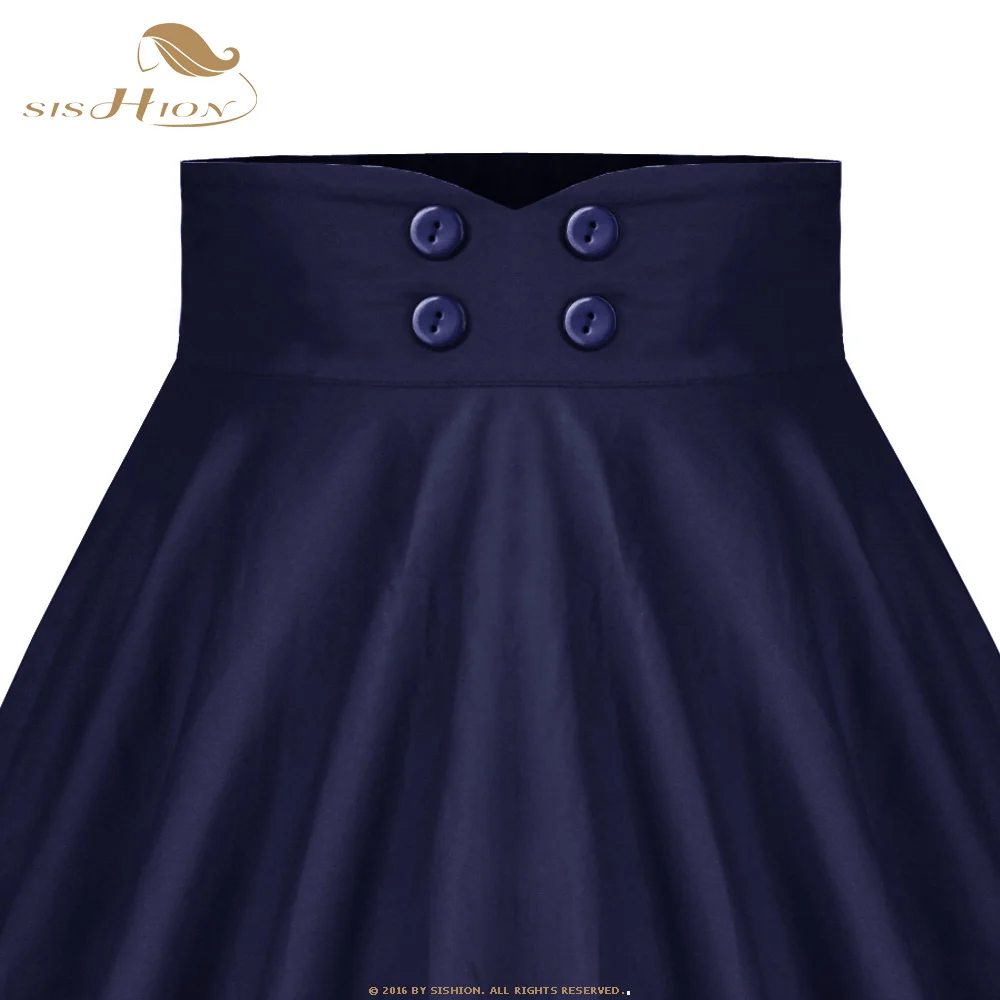 

SISHION 2021 New Summer Women Black Skirt VD1112 jupe femme Dark Blue Cotton Swing Ladies Vintage High Waist Skirt