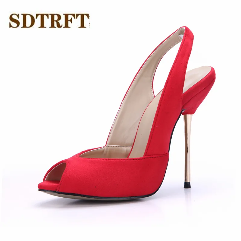 

SDTRFT Stiletto Crossdresser Sandals Sexy 12cm Thin heels ladies wedding shoes woman Open Toe Suede Slingbacks pumps Plus:35-43